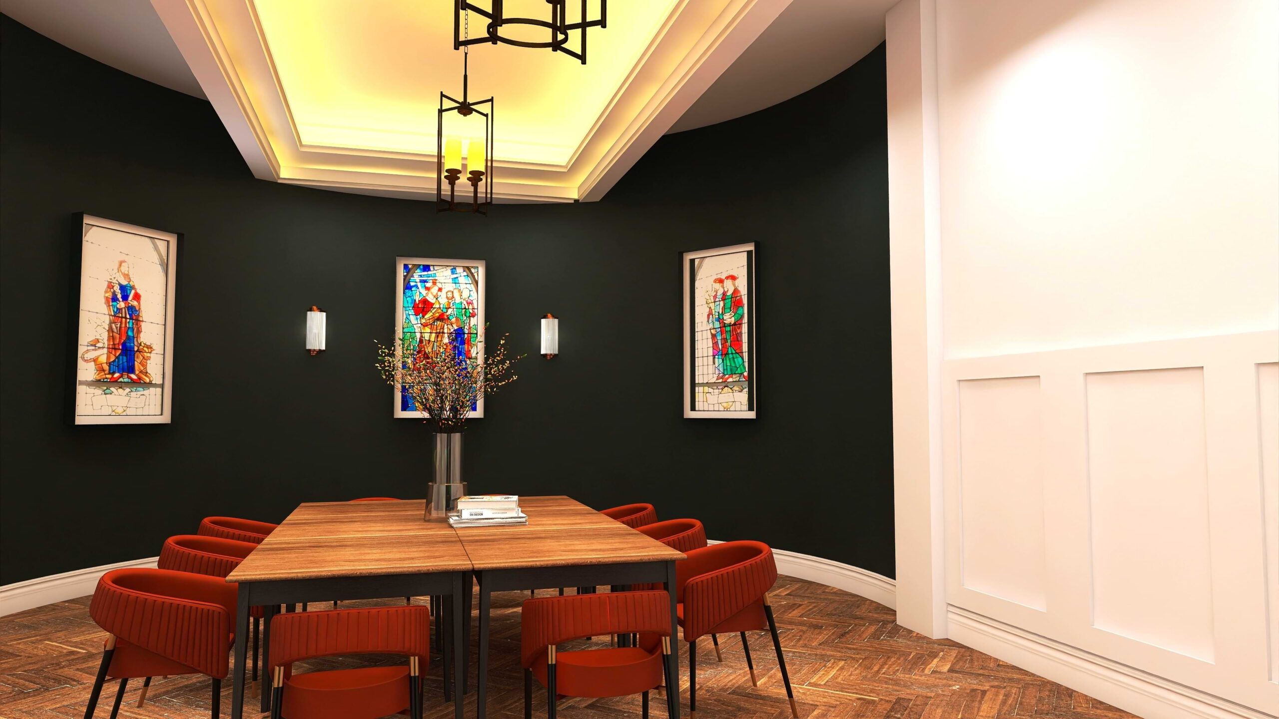 A computer generated artists' impression of a communal space at Nightingale House. The back wall is painted dark green and features original stained glass windows from when the room was once a chapel in the old Royal Hospital. A large table is surrounded by 10 chairs.