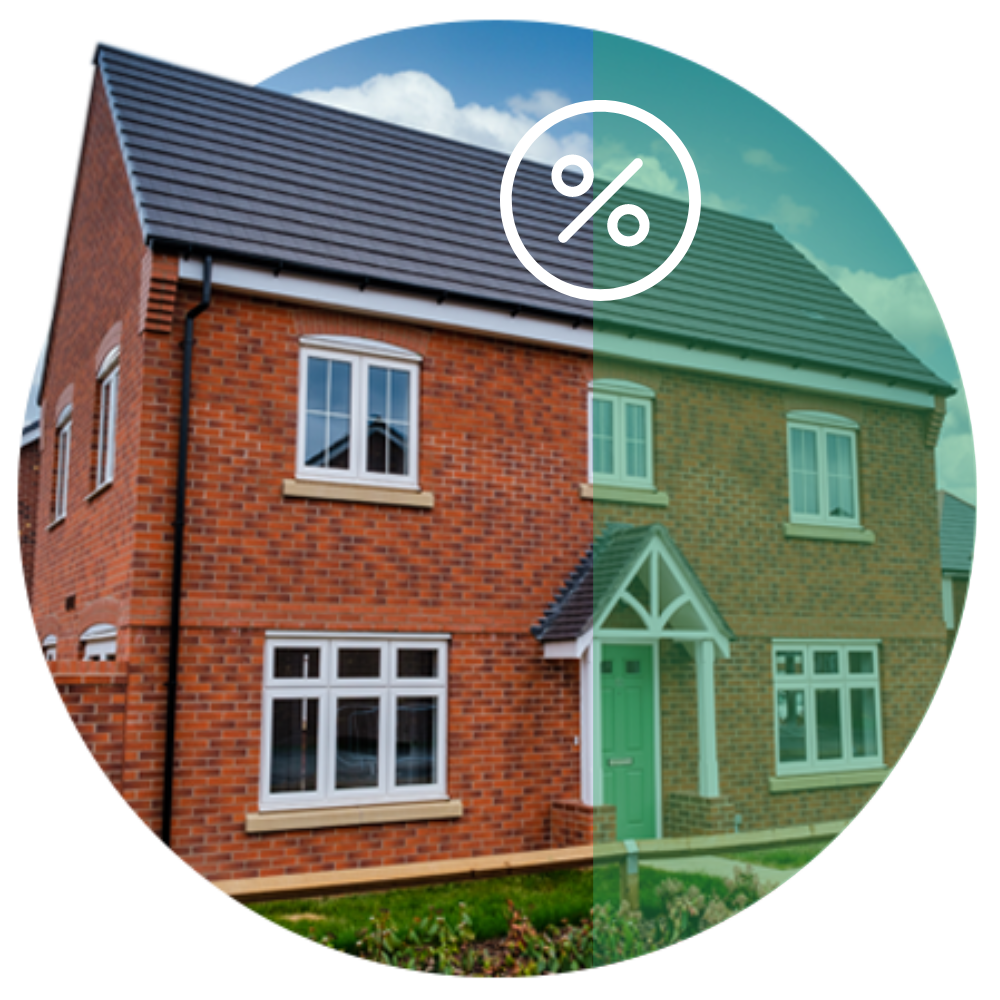 a shared ownership home with a green overlay and a percentage icon, representing the ability to buy a percentage share of a home.